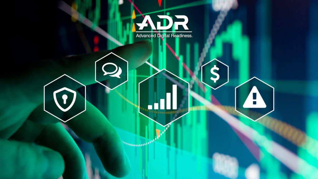 ADR concept Screen depicting charts and symbols of efficiency, alerts, security, remote service, downtime